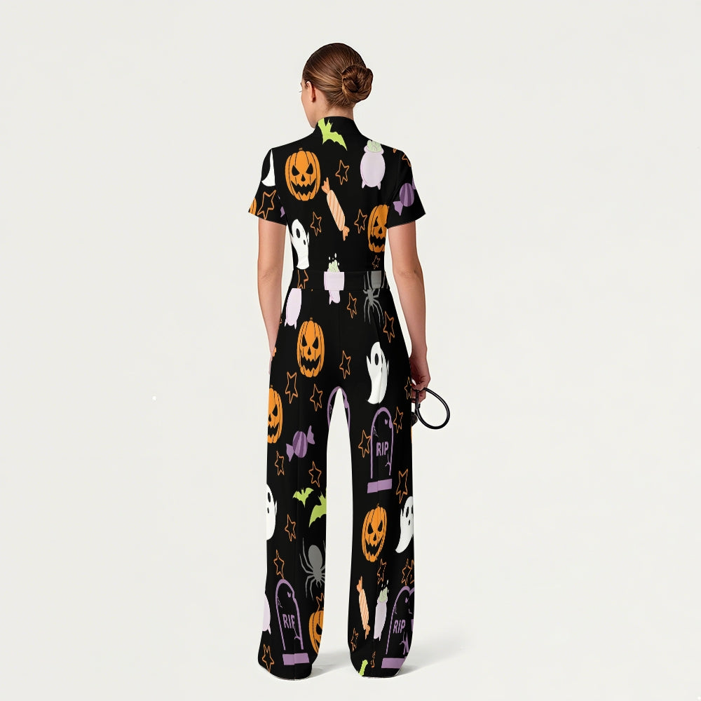Women's Slim Fit Wide Leg Zip Neck Halloween Printed Scrub Jumpsuit JW10144