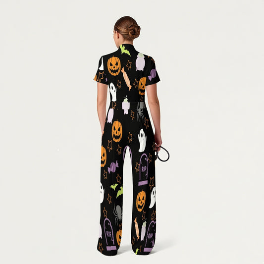 Women's Slim Fit Wide Leg Zip Neck Halloween Printed Scrub Jumpsuit JW10144