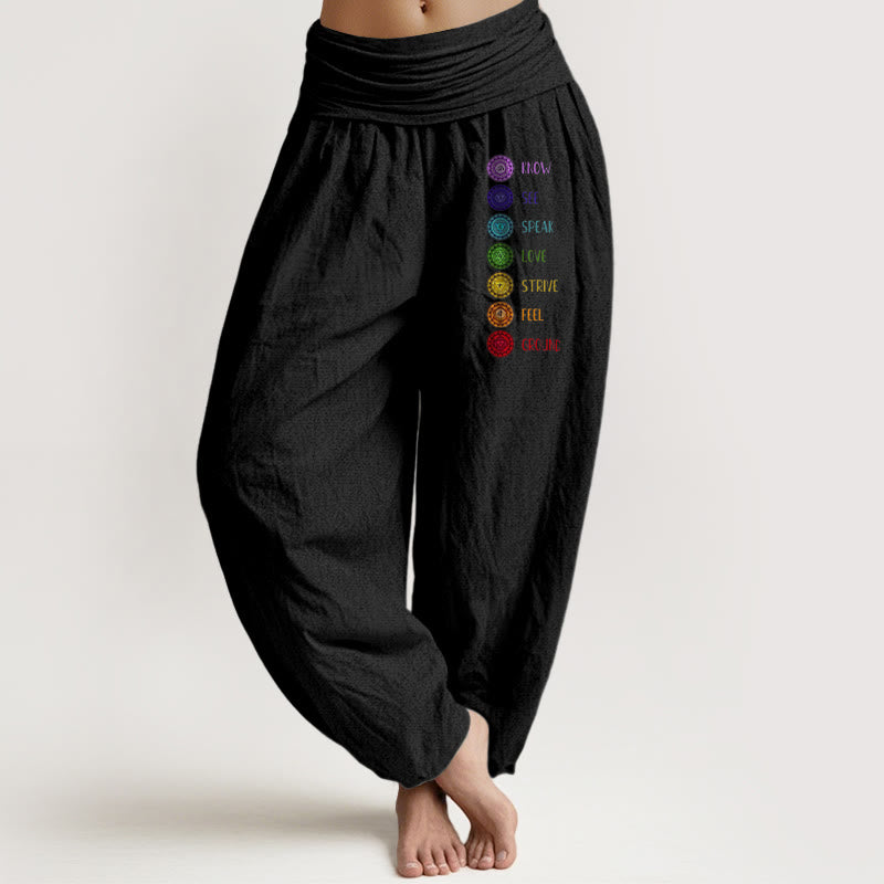 Seven Chakras Print Pattern Women's Elastic Waist Harem Pure Cotton Pants