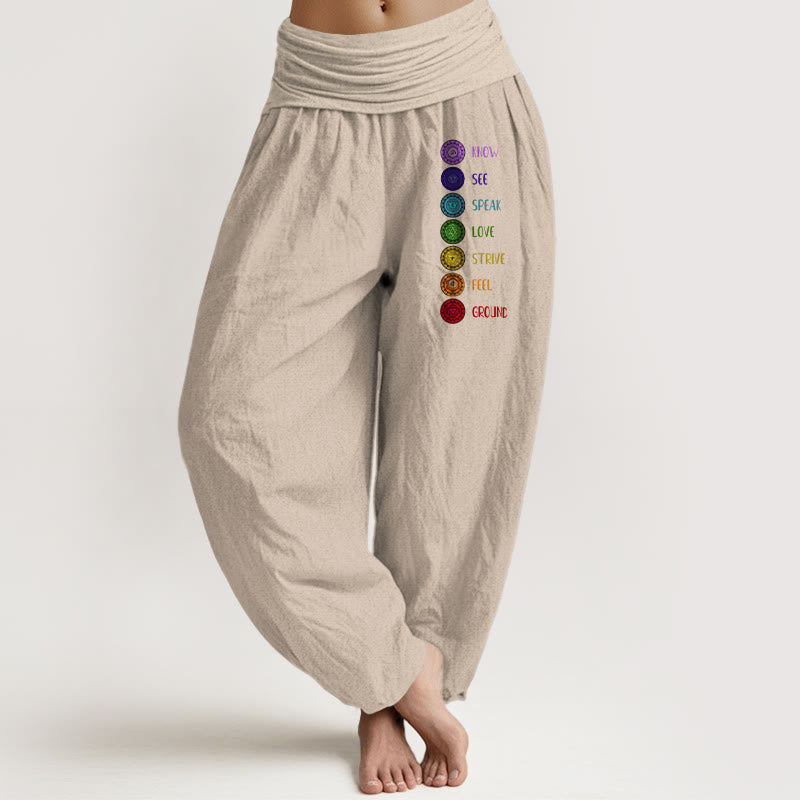 Seven Chakras Print Pattern Women's Elastic Waist Harem Pure Cotton Pants