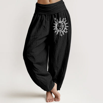 Sun Moon Pattern Women's Elastic Waist Harem Pure Cotton Pants