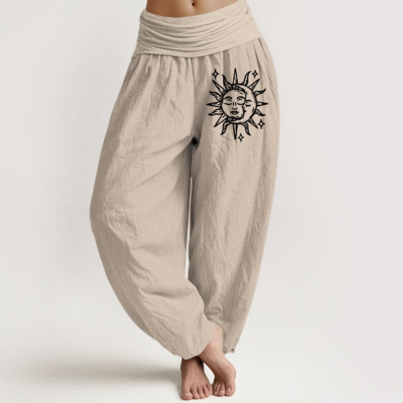 Sun Moon Pattern Women's Elastic Waist Harem Pure Cotton Pants