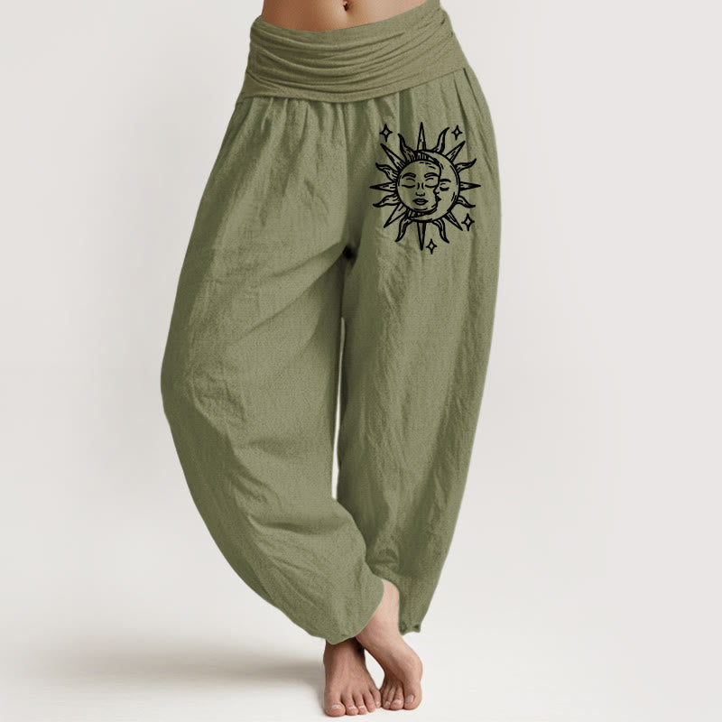 Sun Moon Pattern Women's Elastic Waist Harem Pure Cotton Pants