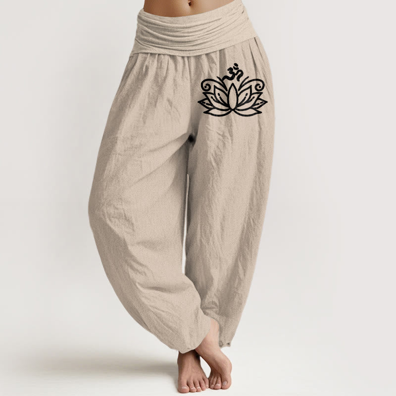 Lotus Flower Om Symbol Pattern Women's Elastic Waist Harem Pure Cotton Pants