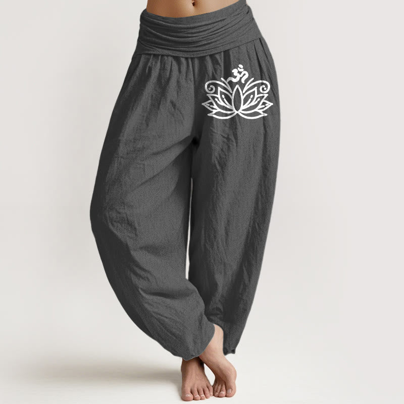 Lotus Flower Om Symbol Pattern Women's Elastic Waist Harem Pure Cotton Pants