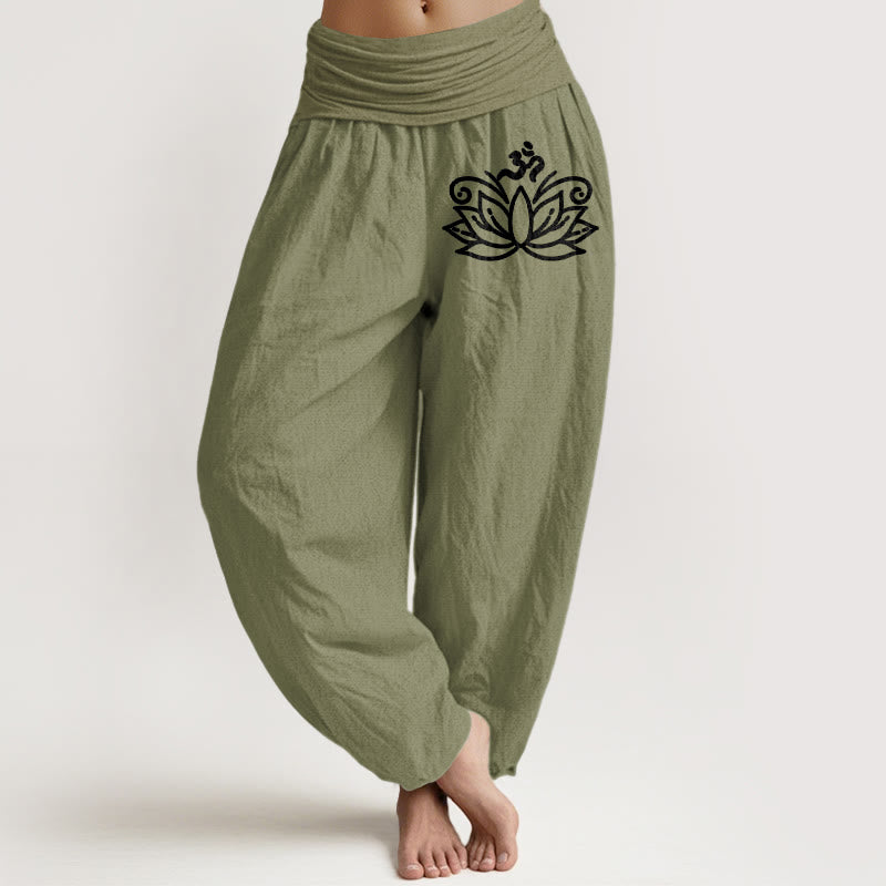 Lotus Flower Om Symbol Pattern Women's Elastic Waist Harem Pure Cotton Pants