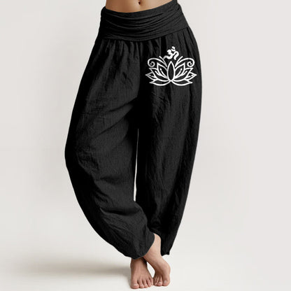 Lotus Flower Om Symbol Pattern Women's Elastic Waist Harem Pure Cotton Pants