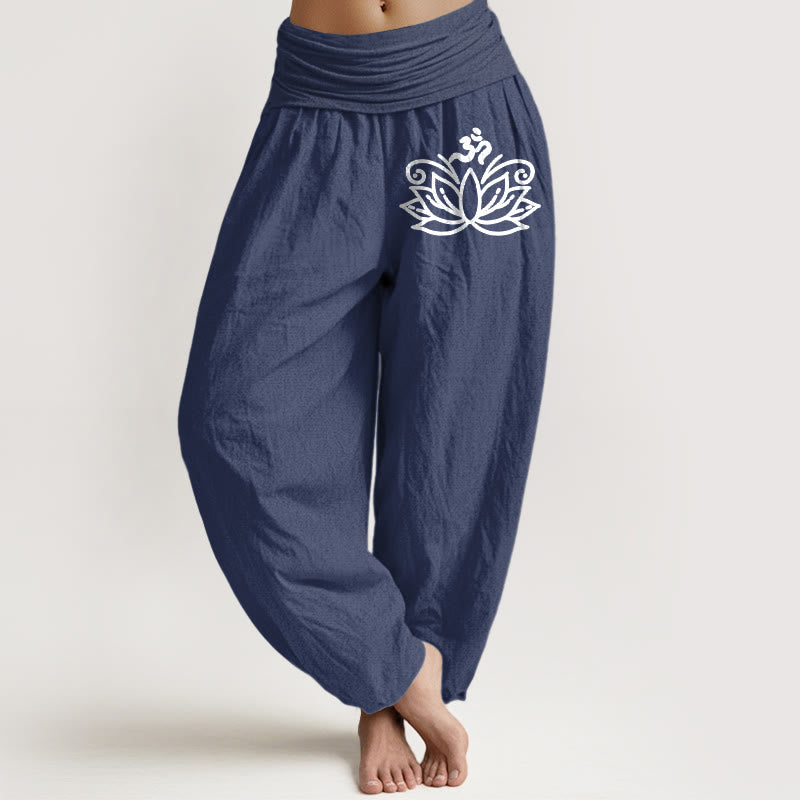 Lotus Flower Om Symbol Pattern Women's Elastic Waist Harem Pure Cotton Pants