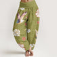 Print Cranes Peonies Pattern Women's Elastic Waist Harem Pure Cotton Pants