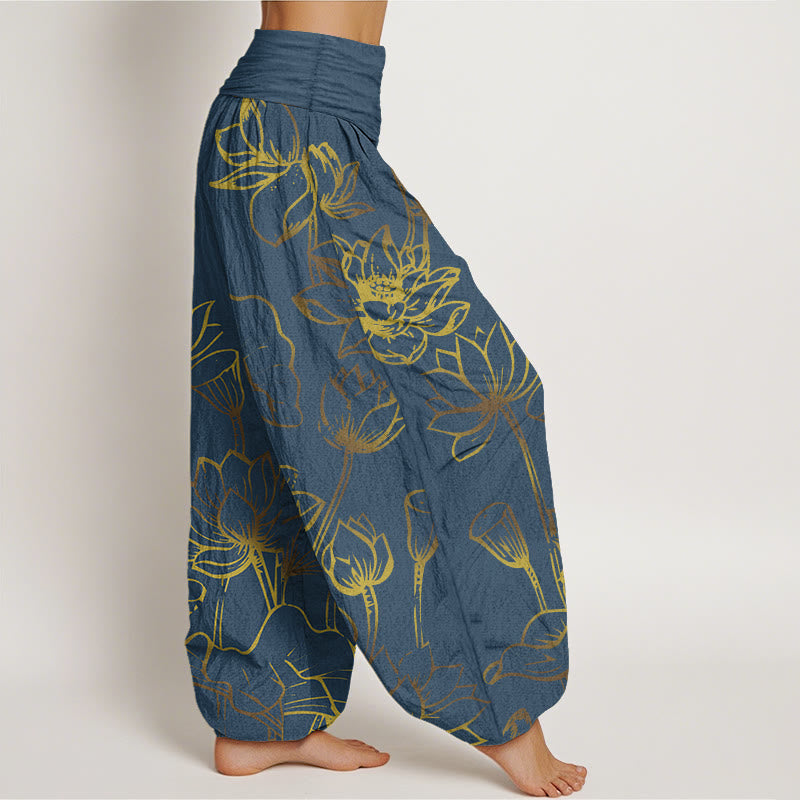 Print Lotus Flowers Leaves Pattern Women's Elastic Waist Harem Cotton Pants