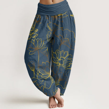 Print Lotus Flowers Leaves Pattern Women's Elastic Waist Harem Cotton Pants