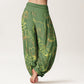 Print Lotus Flowers Leaves Pattern Women's Elastic Waist Harem Cotton Pants