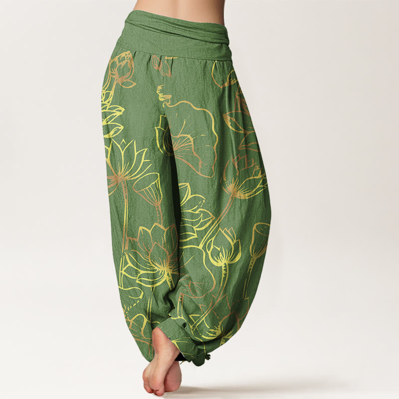 Print Lotus Flowers Leaves Pattern Women's Elastic Waist Harem Cotton Pants