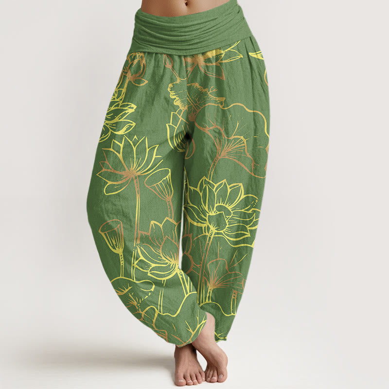 Print Lotus Flowers Leaves Pattern Women's Elastic Waist Harem Cotton Pants