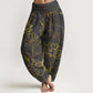 Print Lotus Flowers Leaves Pattern Women's Elastic Waist Harem Cotton Pants
