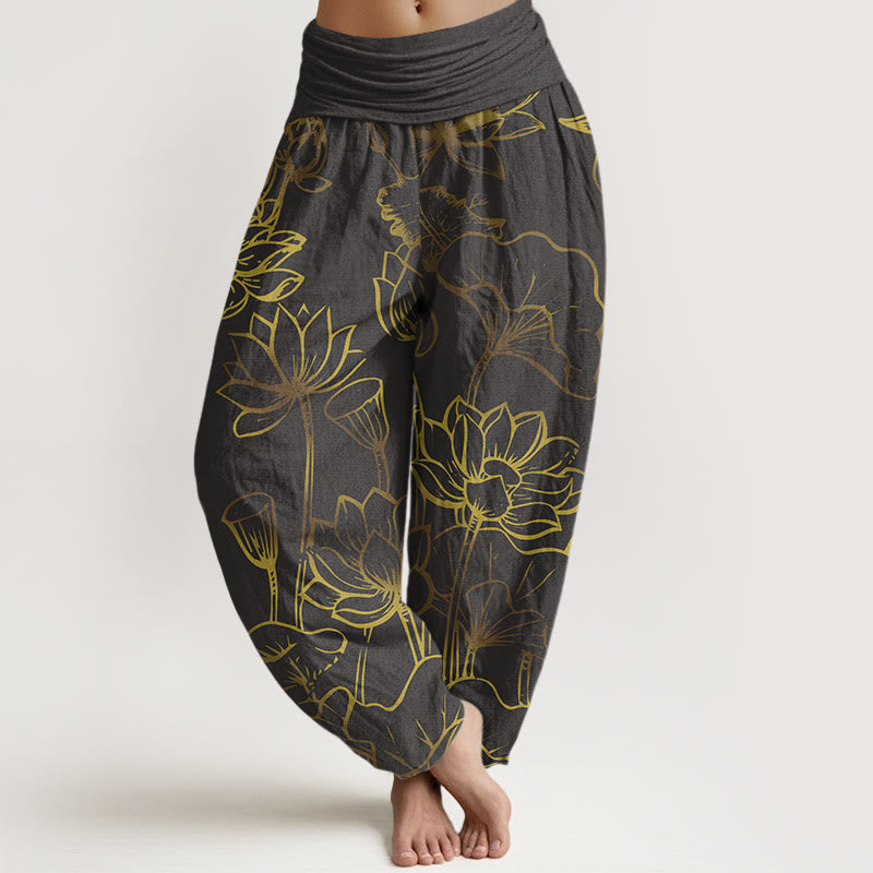 Print Lotus Flowers Leaves Pattern Women's Elastic Waist Harem Cotton Pants