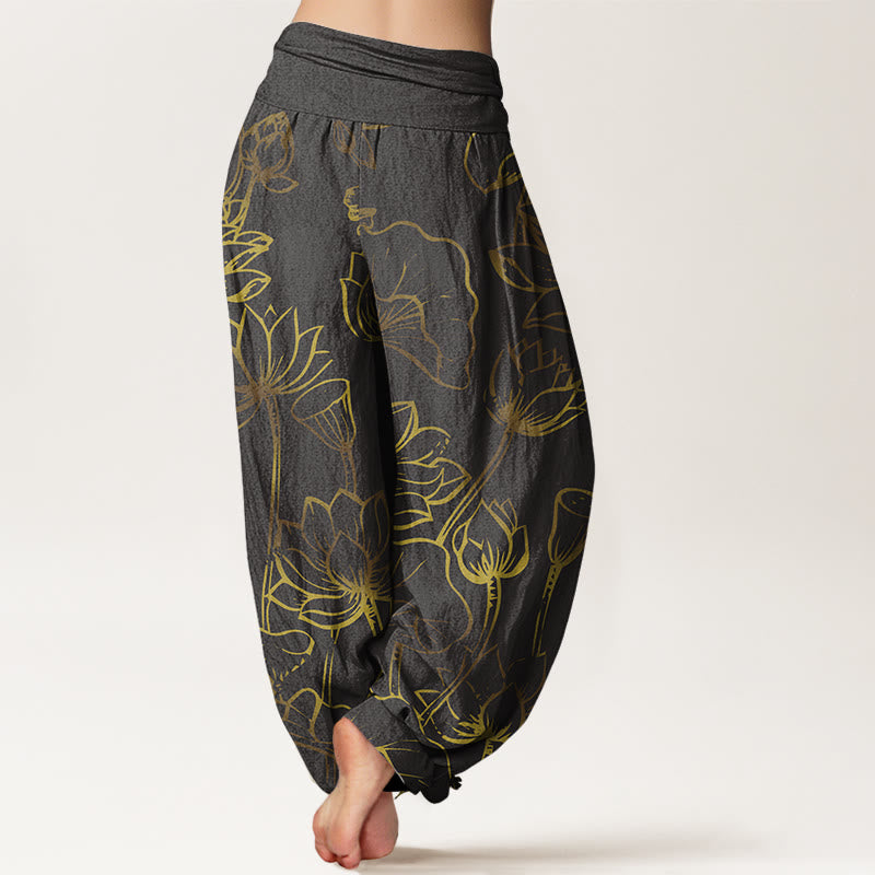 Print Lotus Flowers Leaves Pattern Women's Elastic Waist Harem Cotton Pants