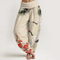 Print Cranes Plum Blossoms Pattern Women's Elastic Waist Harem Cotton Pants