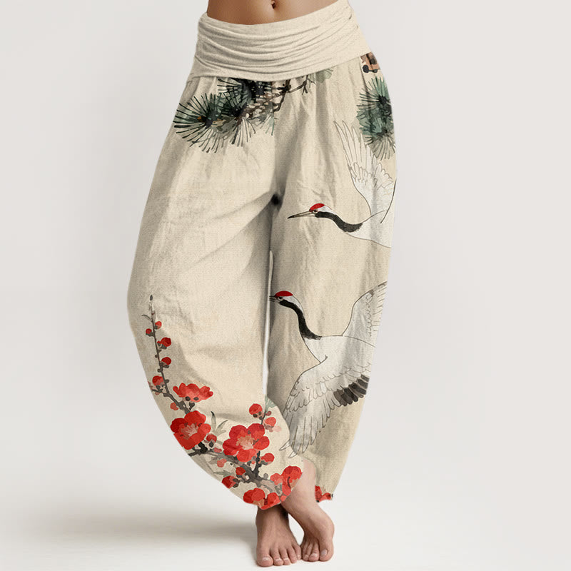 Print Cranes Plum Blossoms Pattern Women's Elastic Waist Harem Cotton Pants