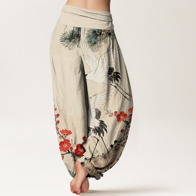 Print Cranes Plum Blossoms Pattern Women's Elastic Waist Harem Cotton Pants