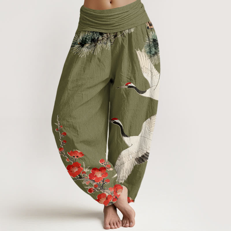 Print Cranes Plum Blossoms Pattern Women's Elastic Waist Harem Cotton Pants