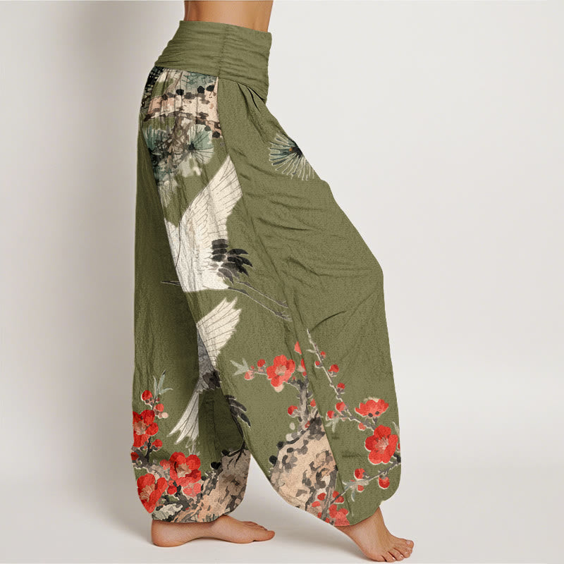 Print Cranes Plum Blossoms Pattern Women's Elastic Waist Harem Cotton Pants