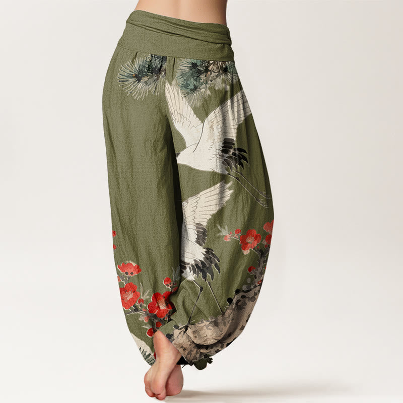 Print Cranes Plum Blossoms Pattern Women's Elastic Waist Harem Cotton Pants