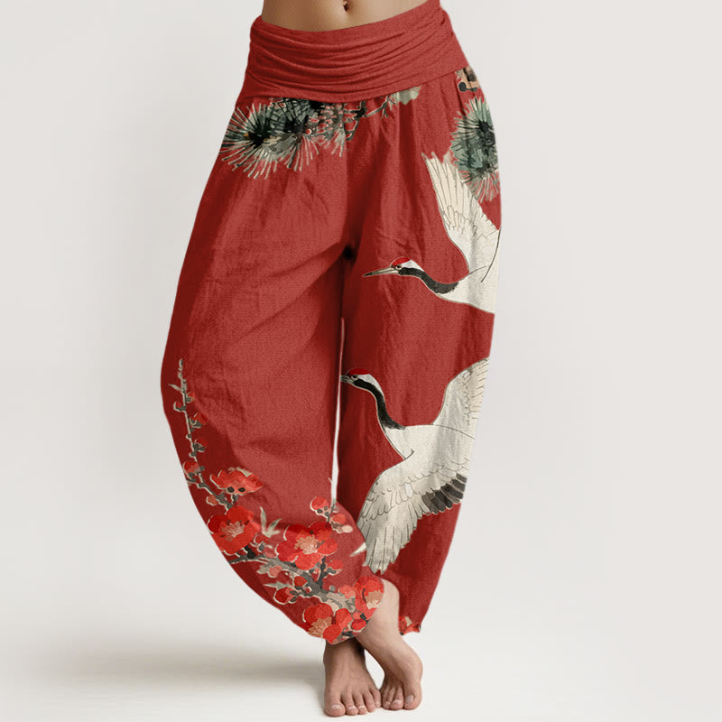 Print Cranes Plum Blossoms Pattern Women's Elastic Waist Harem Cotton Pants