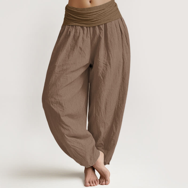 Pure Cotton Plain Tan Women's Elastic Waist Harem Pants