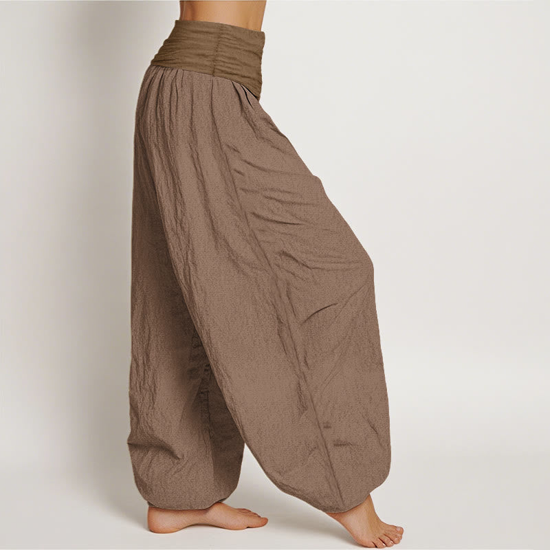Pure Cotton Plain Tan Women's Elastic Waist Harem Pants