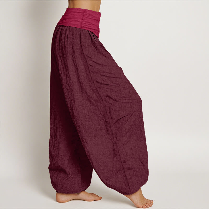 Pure Cotton Plain Maroon Women's Elastic Waist Harem Pants