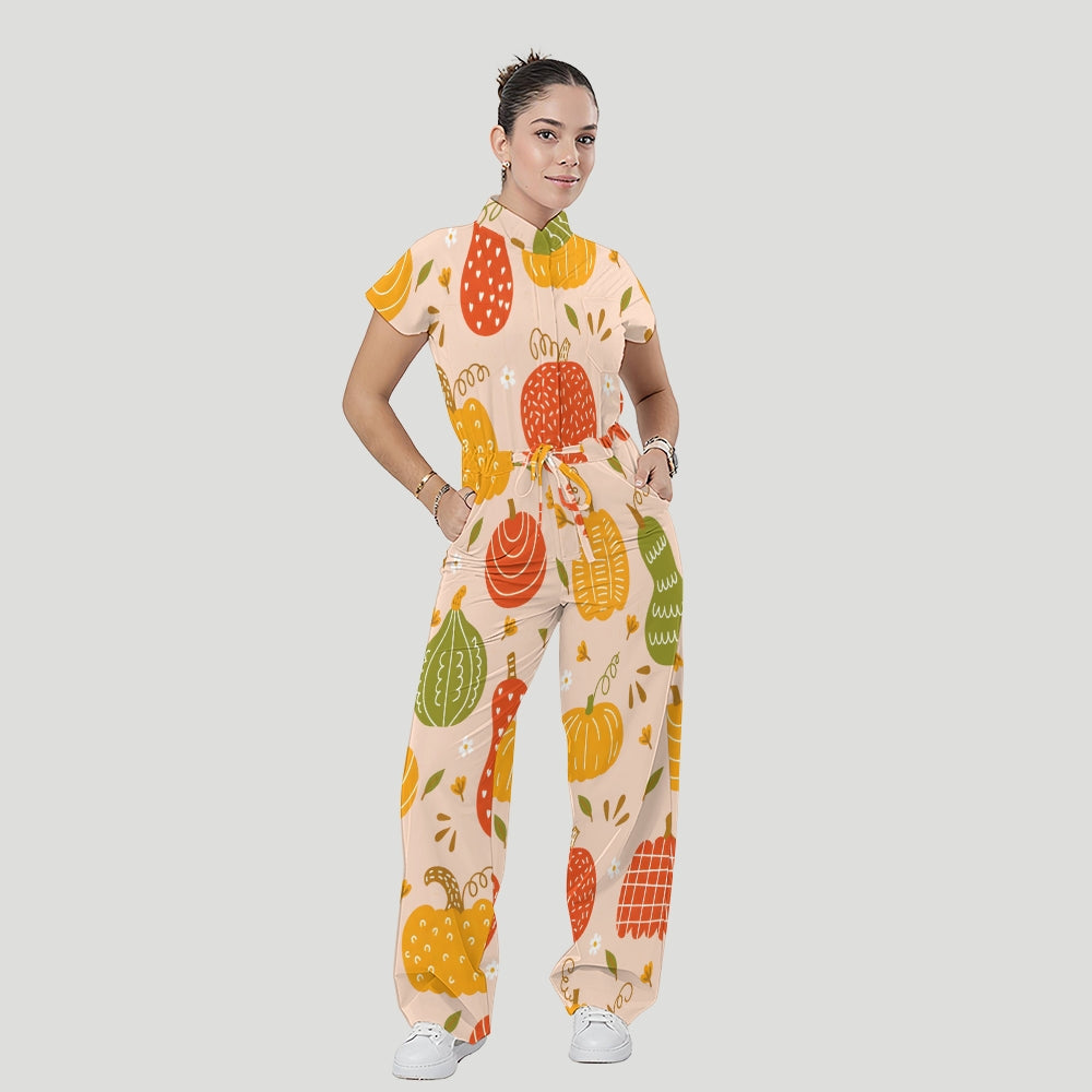 Women's Relaxed Fit Thanksgiving Day Print Scrub Jumpsuit TJ10171