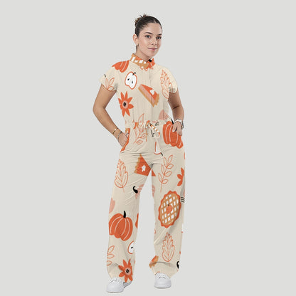 Women's Relaxed Fit Thanksgiving Day Print Scrub Jumpsuit TJ10174
