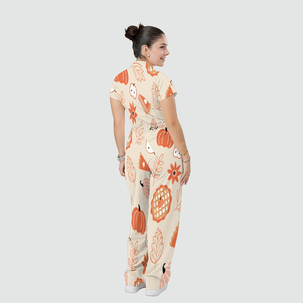 Women's Relaxed Fit Thanksgiving Day Print Scrub Jumpsuit TJ10174