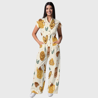 Women's Button-Up Thanksgiving Day Print Scrub Jumpsuit TJ101712
