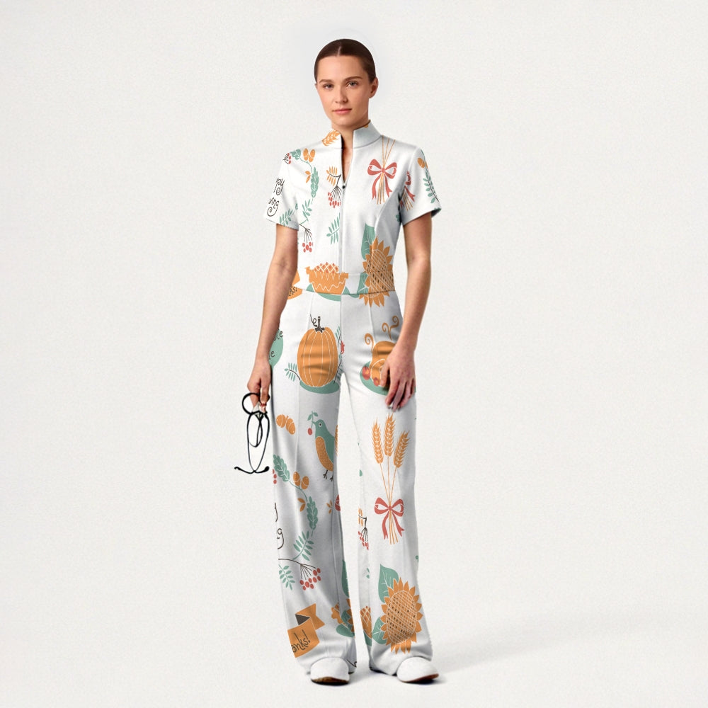Women's Slim Fit Thanksgiving Day Print Scrub Jumpsuit TJ10201