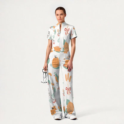 Women's Slim Fit Thanksgiving Day Print Scrub Jumpsuit TJ10201