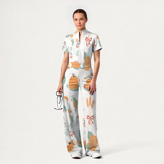 Women's Slim Fit Thanksgiving Day Print Scrub Jumpsuit TJ10201