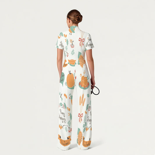 Women's Slim Fit Thanksgiving Day Print Scrub Jumpsuit TJ10201