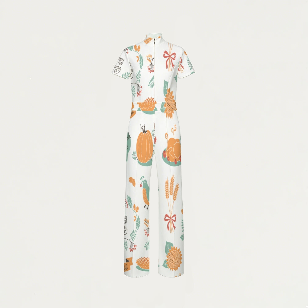 Women's Slim Fit Thanksgiving Day Print Scrub Jumpsuit TJ10201