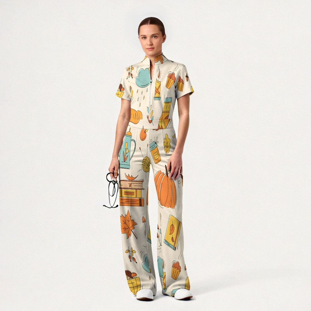 Women's Slim Fit Thanksgiving Day Print Scrub Jumpsuit TJ10202