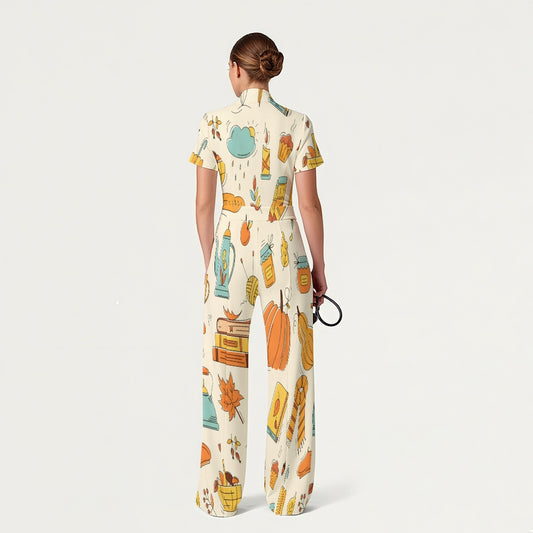 Women's Slim Fit Thanksgiving Day Print Scrub Jumpsuit TJ10202