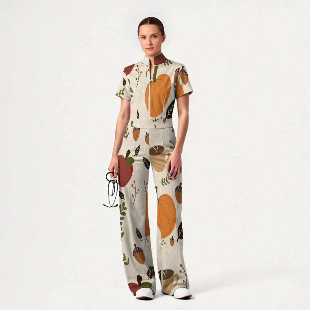Women's Slim Fit Thanksgiving Day Print Scrub Jumpsuit TJ10207
