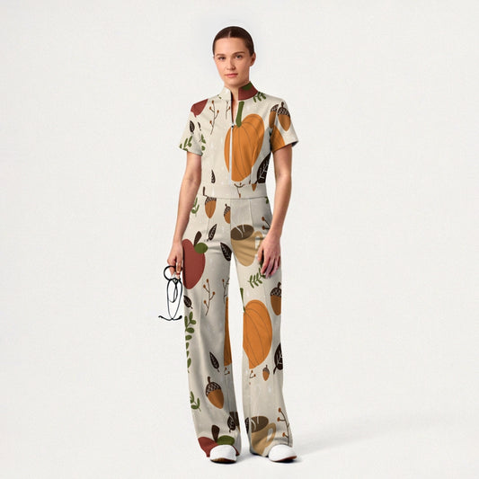 Women's Slim Fit Thanksgiving Day Print Scrub Jumpsuit TJ10207