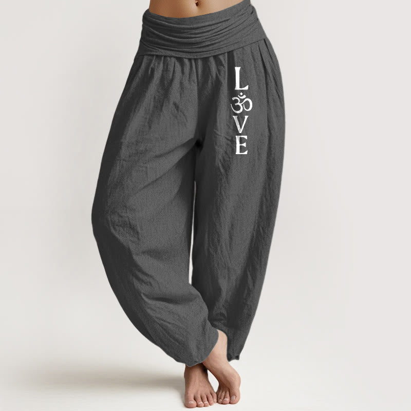 Buddha Stones Plain Om Symbol Pattern Women's Elastic Waist Harem Pure Cotton Pants
