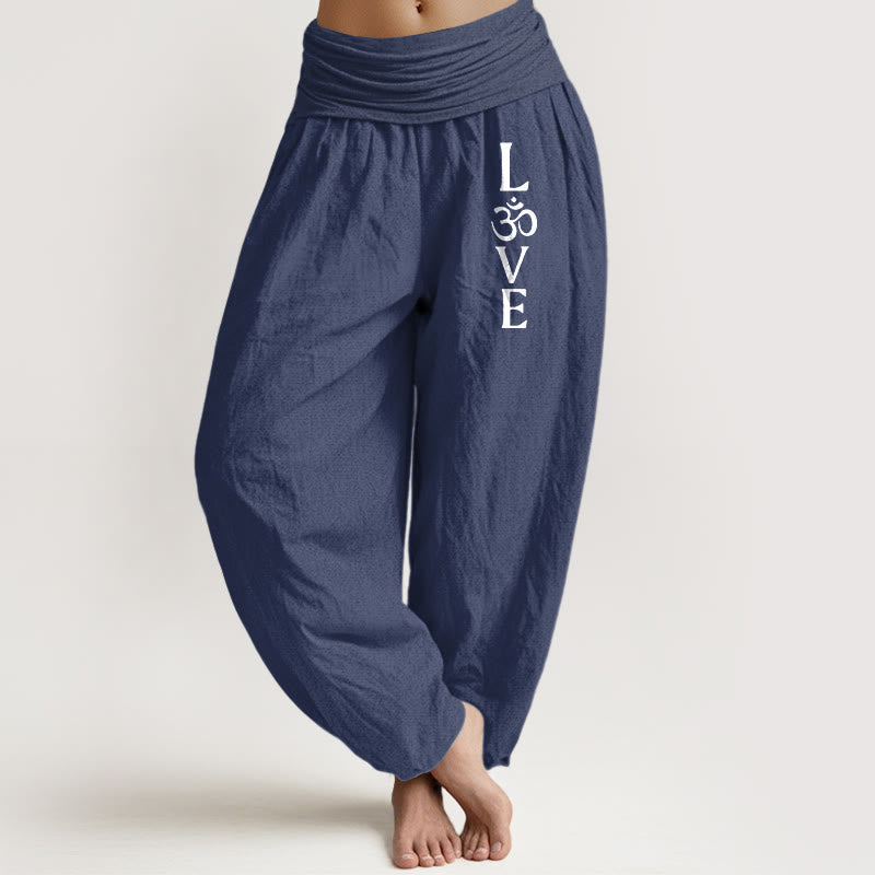 Buddha Stones Plain Om Symbol Pattern Women's Elastic Waist Harem Pure Cotton Pants