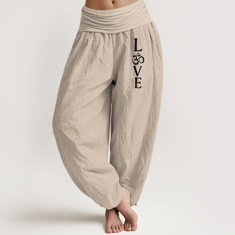 Buddha Stones Plain Om Symbol Pattern Women's Elastic Waist Harem Pure Cotton Pants