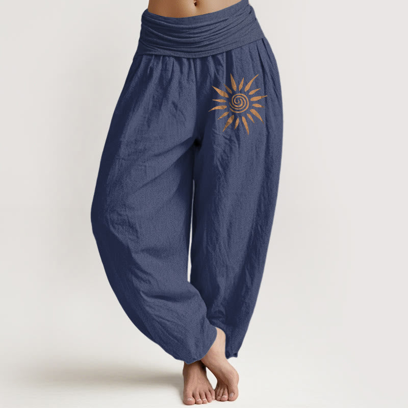 Spiral Center Sun Pattern Women's Elastic Waist Harem Pure Cotton Pants