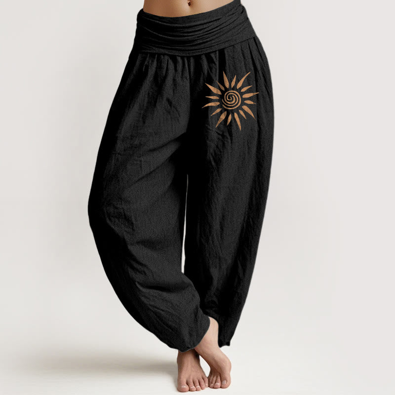 Spiral Center Sun Pattern Women's Elastic Waist Harem Pure Cotton Pants