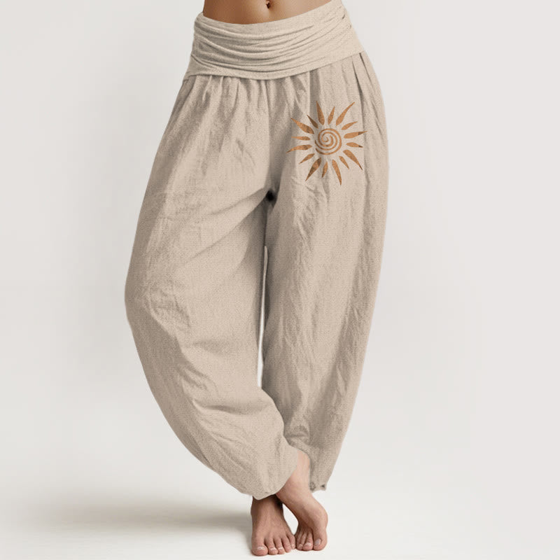 Spiral Center Sun Pattern Women's Elastic Waist Harem Pure Cotton Pants